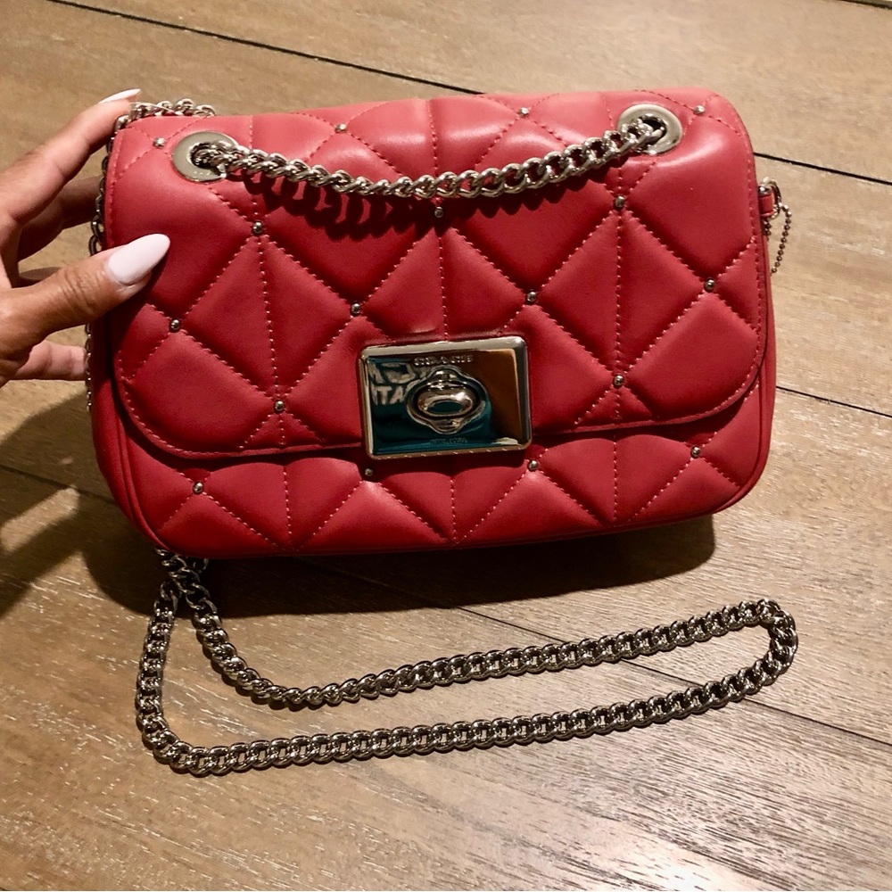 Coach Red Quilted Crossbody Bag with Chain Strap.